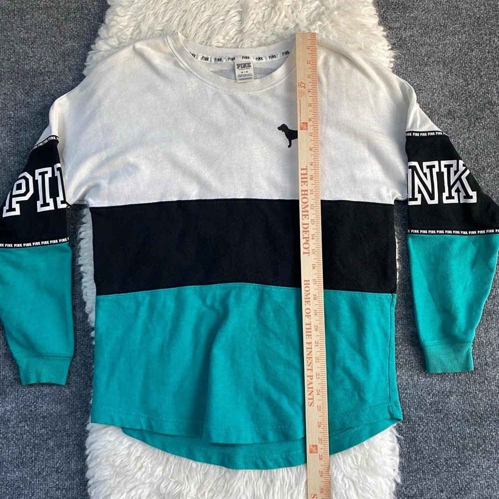 VS PINK COLORBLOCK WHITE BLACK TEAL LONG SLEEVE SHIRT PULLOVER Y2K CASUAL LOUNGE - Picture 8 of 8